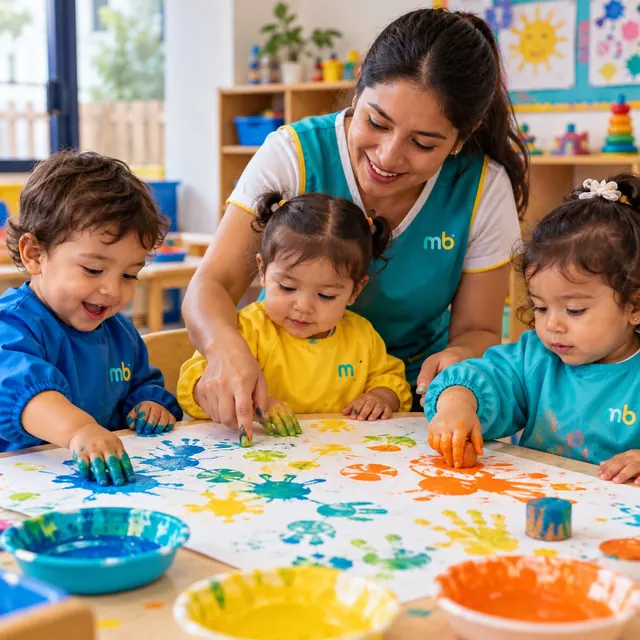 Niños pintan un mural con las manos