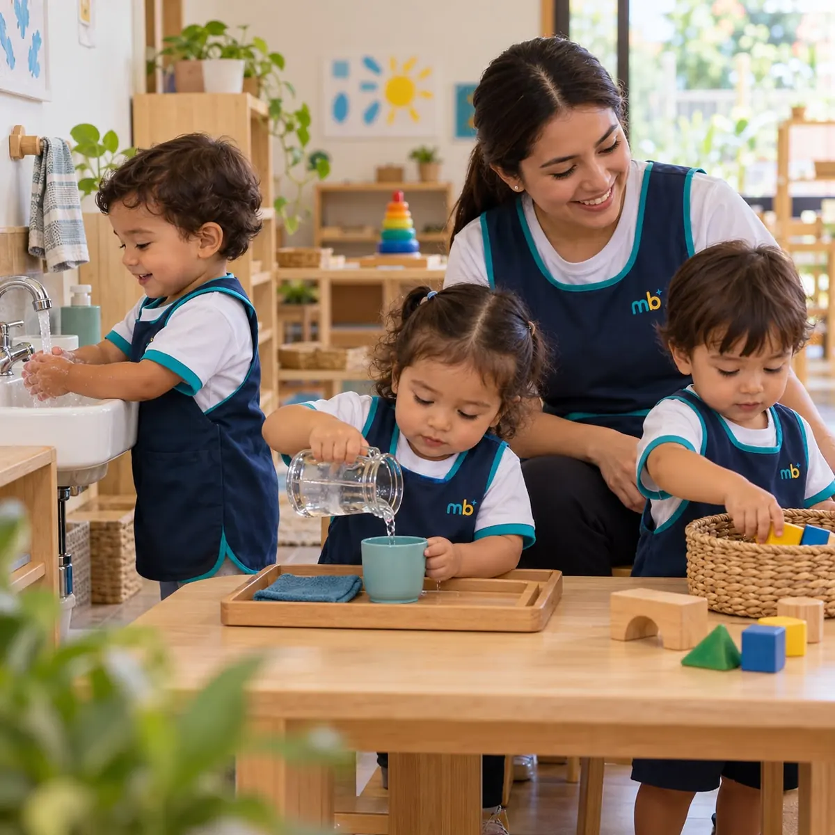 Aula con mesas bajas de madera, lavamanos a la altura de los niños y materiales al alcance