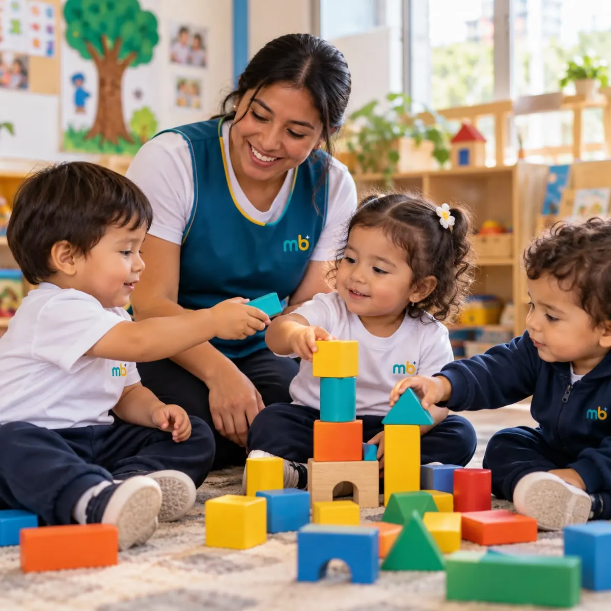 Una maestra acompaña a tres niños pequeños que construyen una torre con bloques de colores