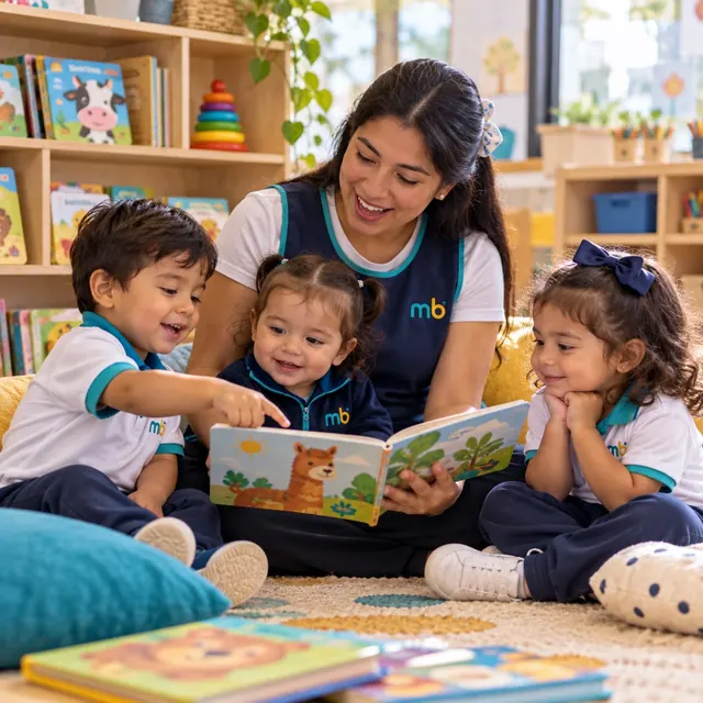Rincón de lectura con cojines y estantes de cuentos
