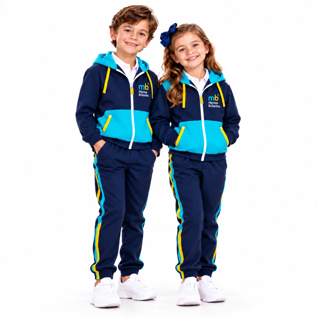 Un niño y una niña con el uniforme deportivo de Mentes Brillantes