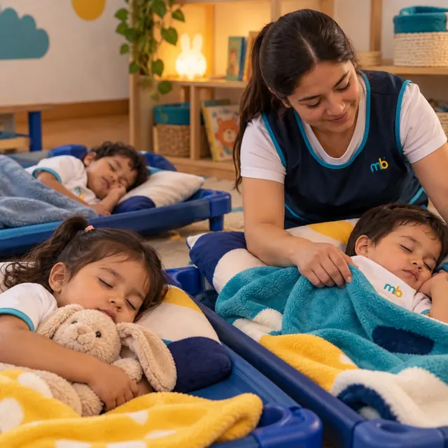 Niños pequeños duermen la siesta en sus camitas mientras la maestra los arropa