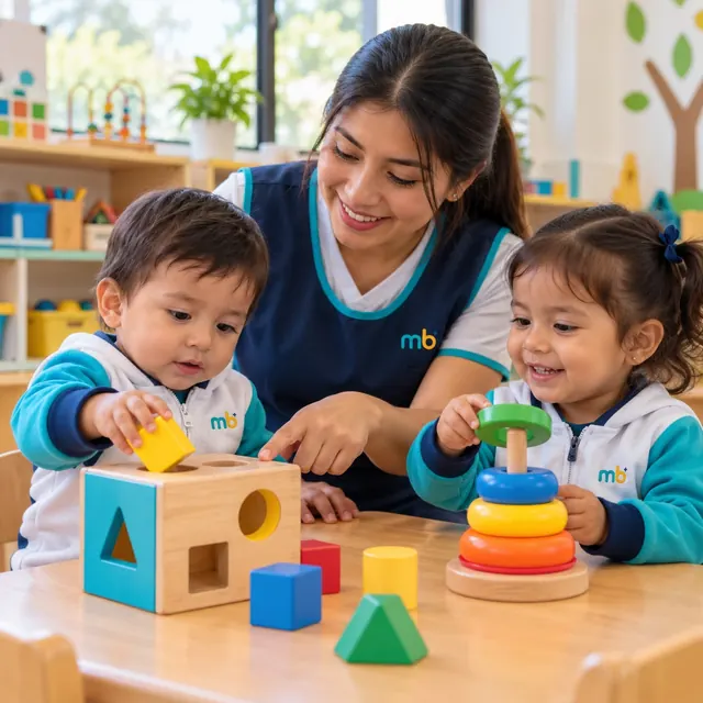 Un niño encaja un cubo amarillo en una caja de formas mientras una niña apila aros