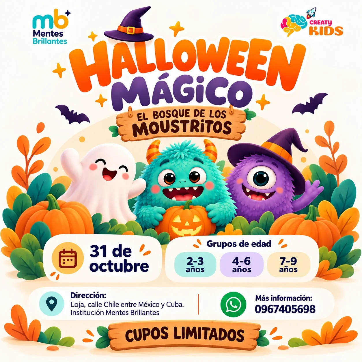Afiche de Halloween Mágico: El bosque de los moustritos, 31 de octubre, grupos de 2-3, 4-6 y 7-9 años, cupos limitados