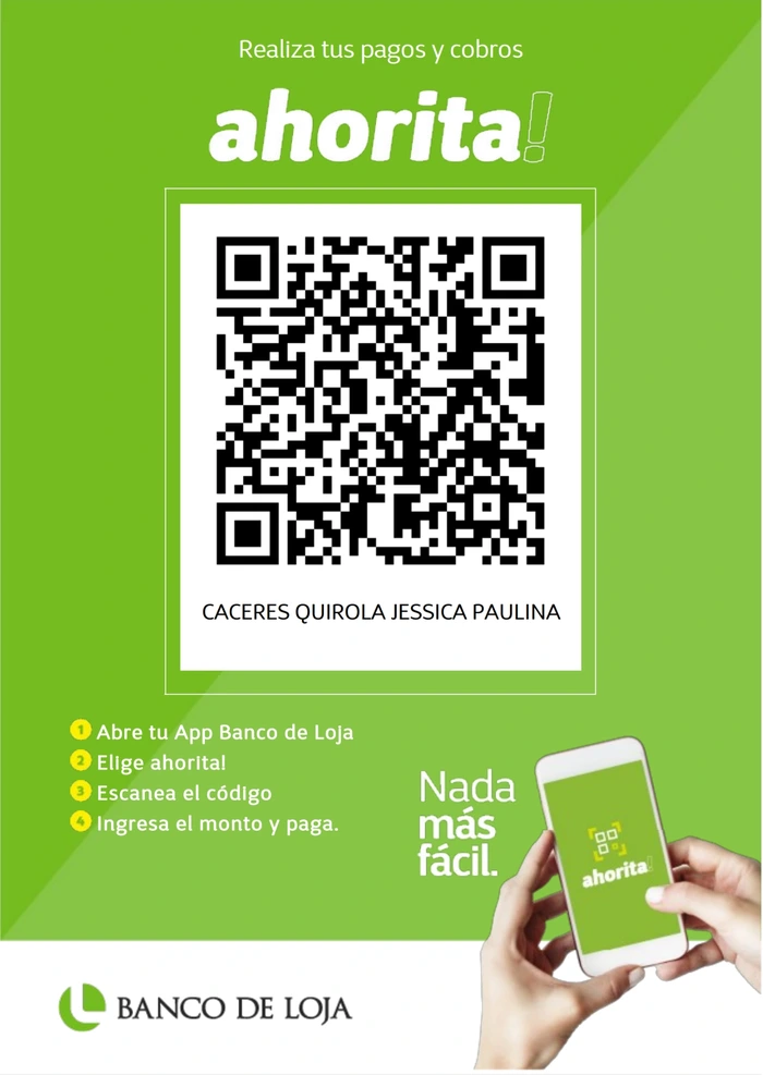 Código QR de pago ahorita! de Banco de Loja a nombre de Cáceres Quirola Jessica Paulina