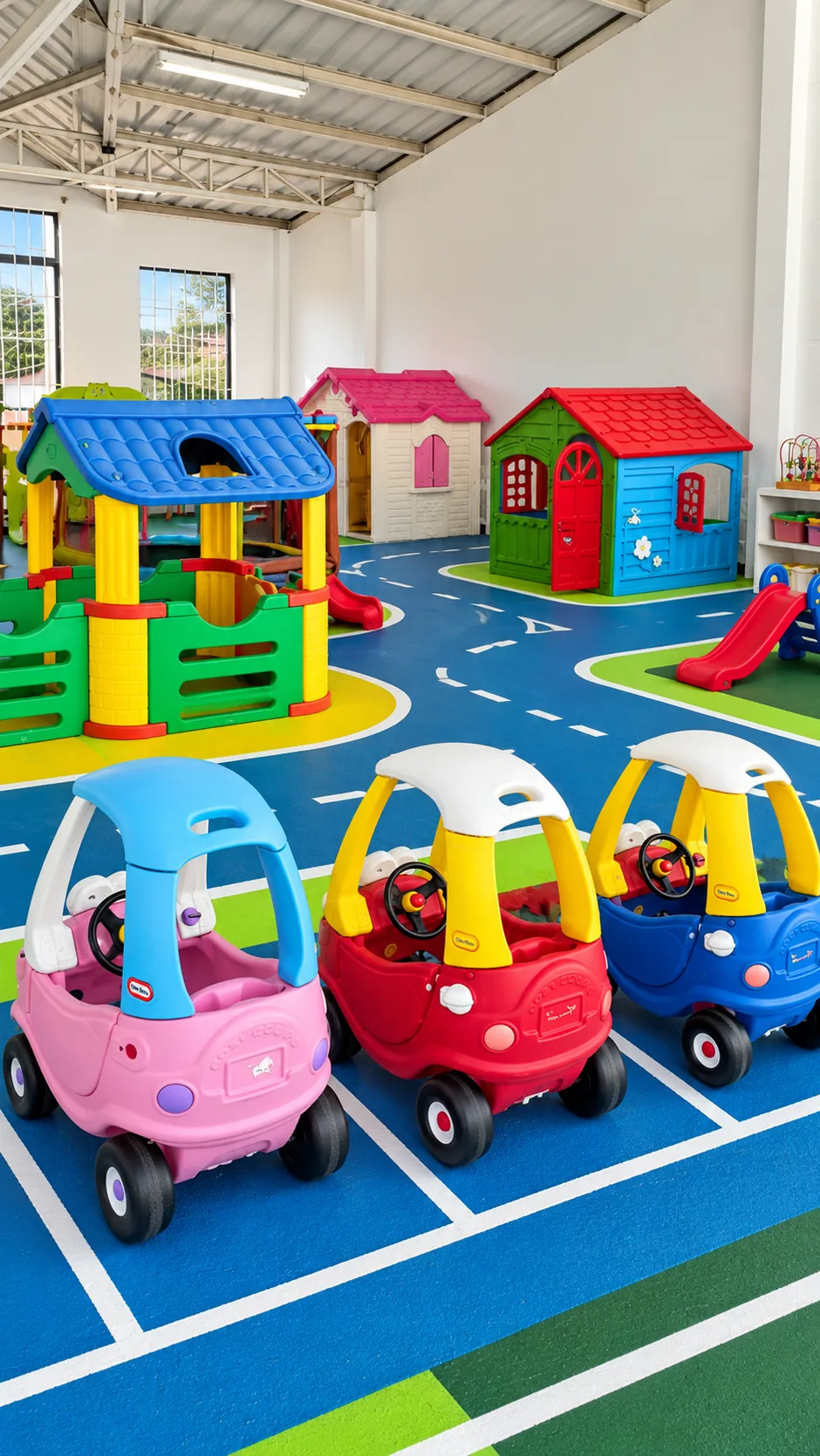 Zona de juego de Mentes Brillantes: carritos sobre una pista pintada en el piso y casitas de colores