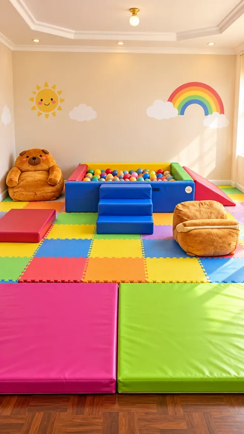 Piscina de pelotas con escalones y un puff de oso