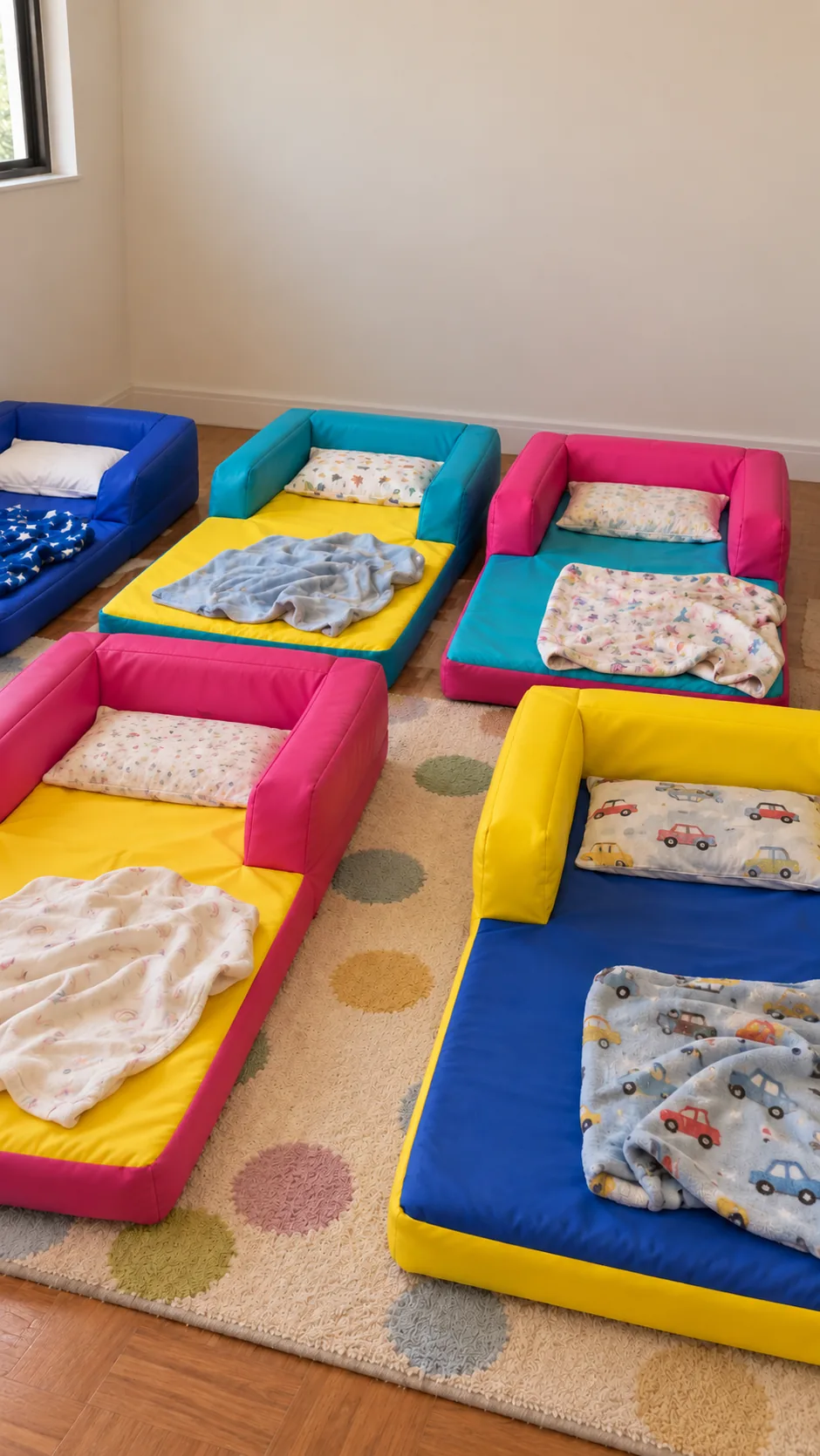 Colchonetas de siesta de colores con almohada y cobija