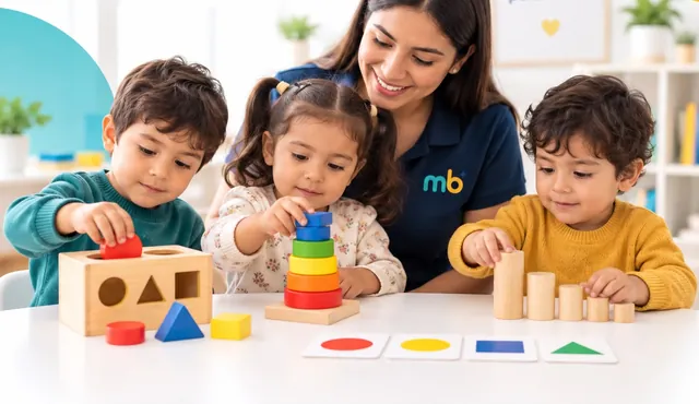 Tres niños encajan figuras, apilan aros y ordenan cilindros de madera junto a su maestra