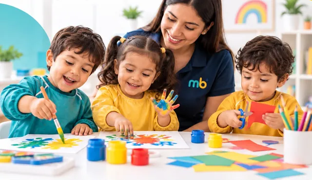 Niños pintan con pincel y con las manos y recortan papel de colores