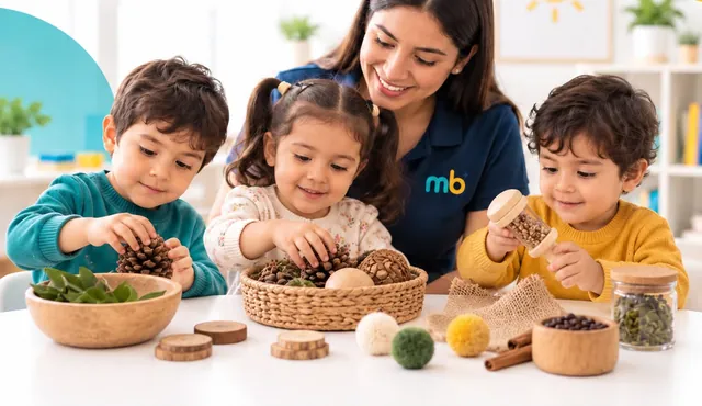 Niños exploran piñas, hojas, semillas y texturas en una mesa
