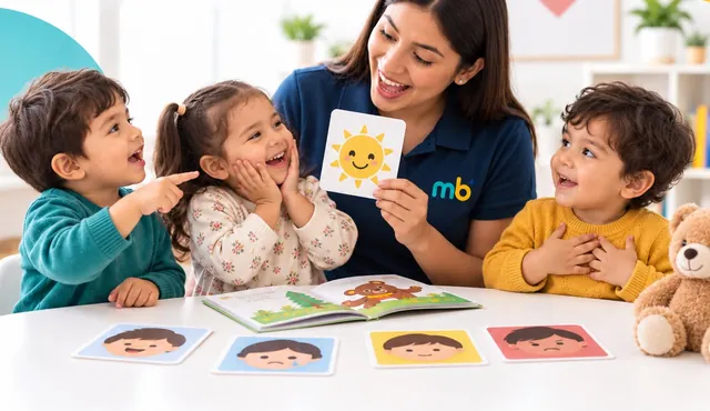 La maestra muestra una tarjeta con un sol sonriente y los niños responden con alegría