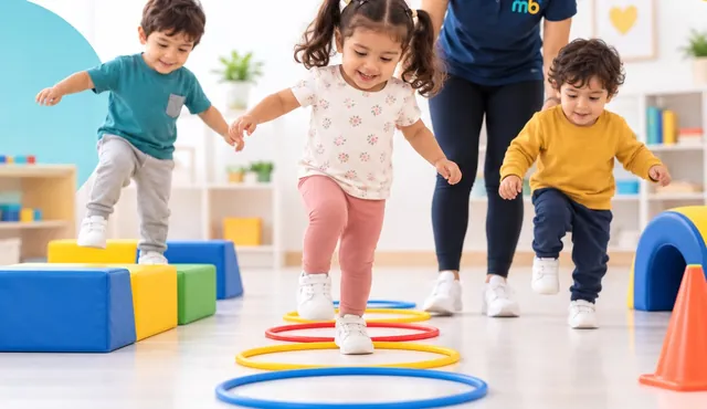 Niños saltan entre aros y bloques de espuma mientras la maestra los acompaña