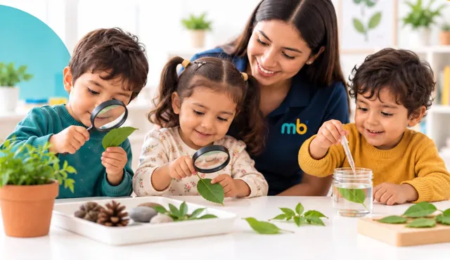Niños observan hojas con lupas y usan un gotero junto a su maestra