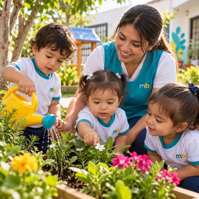 Tres niños riegan y tocan plantas en un huerto junto a su maestra