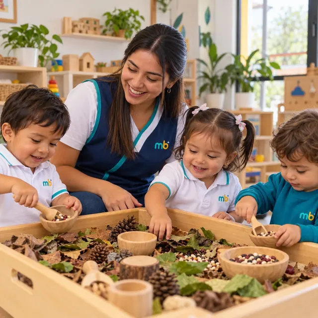 Niños exploran hojas, piñas y semillas